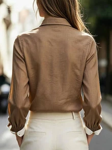 Trelyra Women's Long Sleeve Single-Breasted Utility Pocket Casual Shirt - Brown - View 2