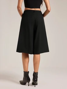 SHEIN Tall بنطلون بدلة واسع الساق بلون موحد أنيق وعملي متعدد الاستخدامات للتنقل والمكتب والأعمال، أسود، صيفي، مناسب ليوم المعلم - الأسود - مشاهدة 2