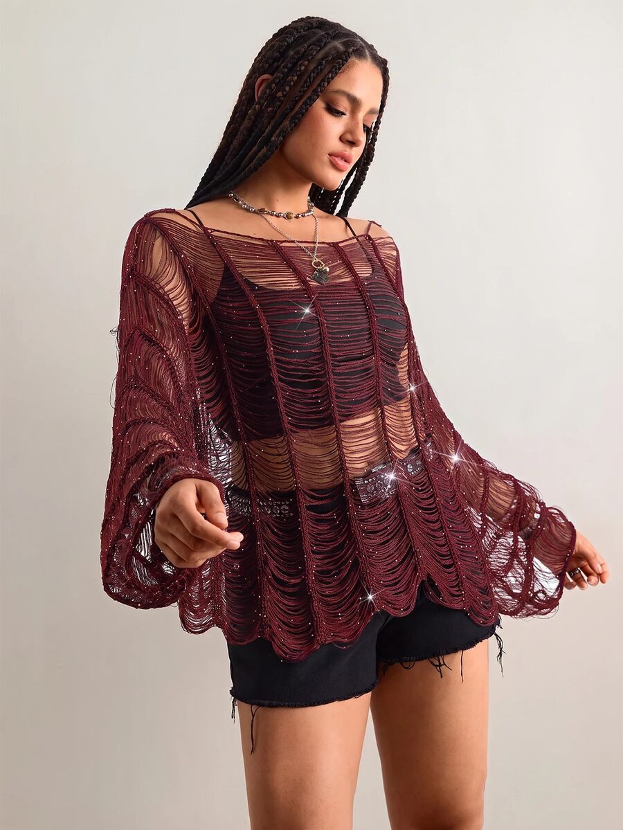 Freevana Plus Size Slash Neck Distressed Fr Halloween Going Out Club Dark Purple Autumn Sexy Business Casual - Burgundy - View 1