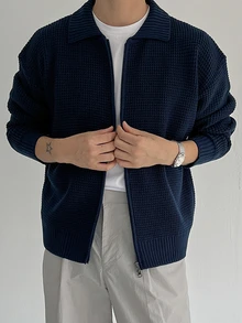 DAZY Áo cardigan len dệt vân cổ bẻ phong cách Hàn Quốc cho nam, thời trang công sở xuân/thu - Màu xanh hải quân - Xem 5