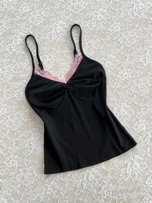 Elamini Women's Contrast Lace Twist Design Fashion Sexy Camisole Going Out Night Out Black And Pink Summer - Black - View 6