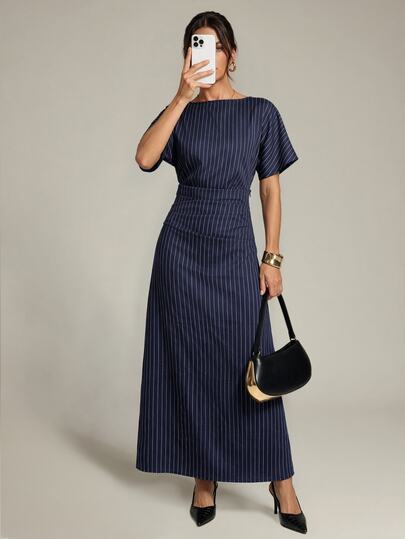 SHEIN Tall Women's Tall Navy Striped Casual-To-Work Maxi Dress
