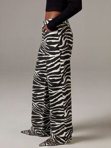 Athîral Denim Celana Jeans Wanita Motif Zebra Potongan Lurus - Hitam - View 6