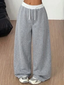 SHEIN Tween女孩長褲，青少年風格針織淺灰色花卉寬鬆休閒百搭對比色抽繩寬腿運動褲 - 灰色 - 查看 1