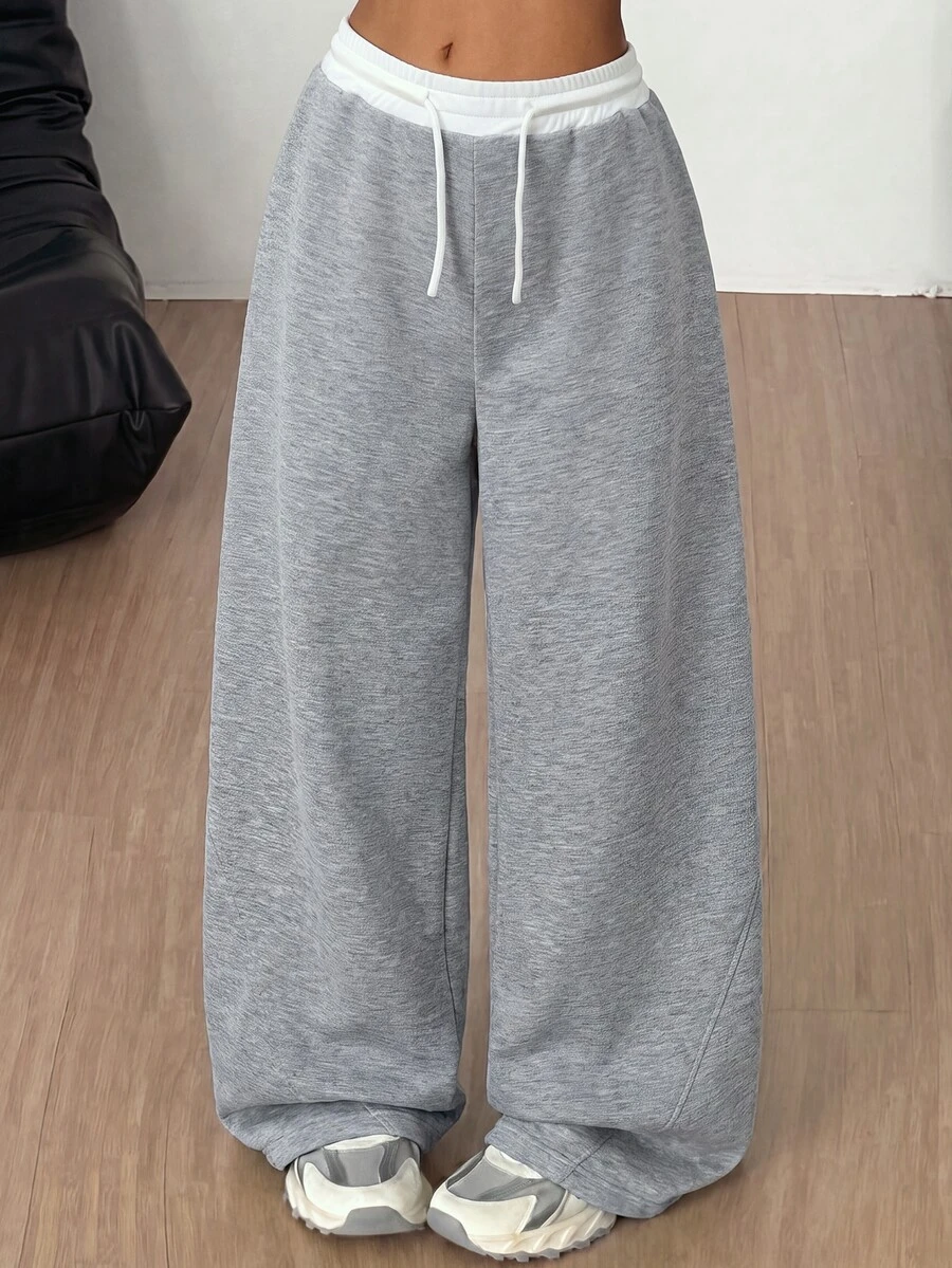 SHEIN Tween女孩長褲,青少年風格針織淺灰色花卉寬鬆休閒百搭對比色抽繩寬腿運動褲 - 灰色 - 查看 1