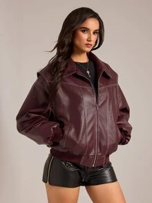SHEIN Tall Women's Solid Color PU Leather Long Sleeve Zip-Up Jacket - Burgundy - View 5