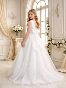 Ethereal Tween Girl Long Tail Dress With Exquisite Floral Applique, Sequins And Lace Bodice, Delicate Craftsmanship, Sleeveless Design, Waist-Flattering Snug Fit Fit, Back Tie Closure With 3D Bow, Extended Tulle Train, Pure White, Versatile For Weddings, Flower Girl, Piano Recital, Hosting, Runway, Birthday Party, Evening Gala, Elegant And Graceful - White - View 1
