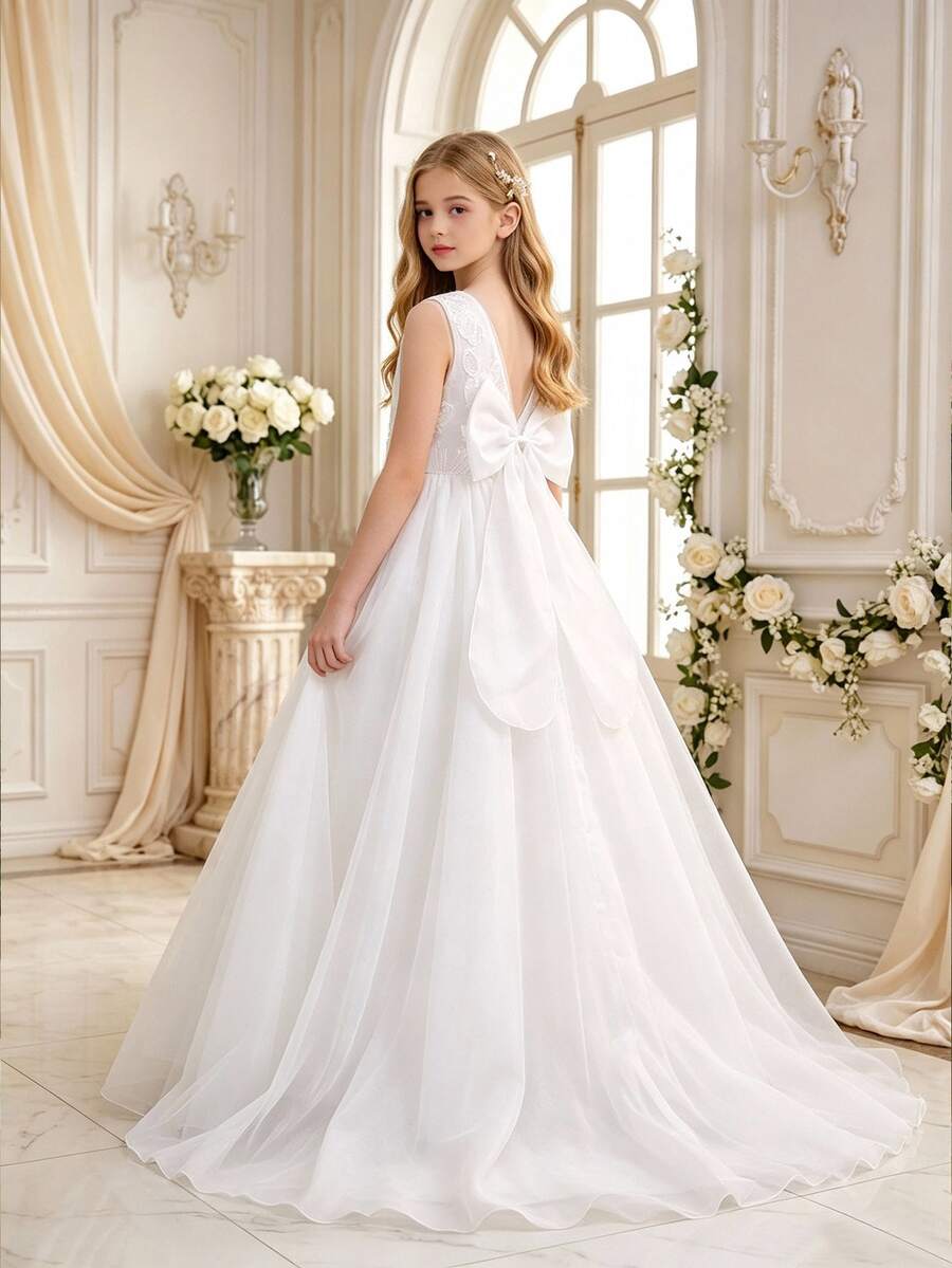 Ethereal Tween Girl Long Tail Dress With Exquisite Floral Applique, Sequins And Lace Bodice, Delicate Craftsmanship, Sleeveless Design, Waist-Flattering Snug Fit Fit, Back Tie Closure With 3D Bow, Extended Tulle Train, Pure White, Versatile For Weddings, Flower Girl, Piano Recital, Hosting, Runway, Birthday Party, Evening Gala, Elegant And Graceful - White - View 1