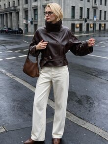 Struktiv Funnel Neck Double Breasted Belted Faux Leather Cropped Jacket - Coffee Brown - View 7