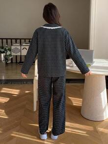 DAZY 2pcs Plaid Embroidered Pattern Pajama Set Fall - Navy Blue - View 2