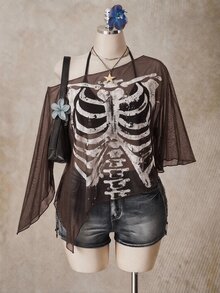 SHEIN ICON 大尺碼女款骷髏印花透視網紗上衣 - 彩色 - 查看 3