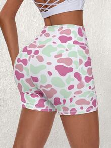 SHEIN Core Rhythm Celana Pendek Olahraga Slim Fit Pinggang Tinggi dengan Motif Cetak Seluruh Permukaan - MultiWarna - View 2