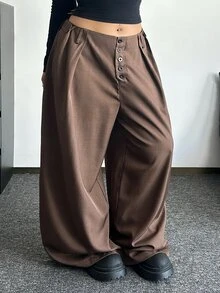POPSWAY Plus Size Fashion Commuter Solid Color Wide Leg Pants Fall - Brown - View 6