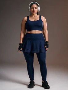 Powerista سروال رياضي نسائي مقاس كبير باللون الأزرق الداكن موحد اللون بخصر عالي مع تنورة مدمجة من قماش شبكي قابل للتنفس للجيم والتمارين الرياضية - أزرق بحري - مشاهدة 8
