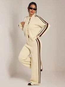 SHEIN PETITE Petites New Chinese-Style Autumn/Winter Set Featuring A Frog-Button Cardigan And Trousers - Apricot - View 7