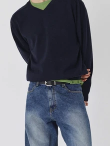 DAZY Autumn/Winter Navy Blue Solid V-Neck Ribbed Hem And Cuff Korean Style Men's Sweater - Navy Blue - View 2