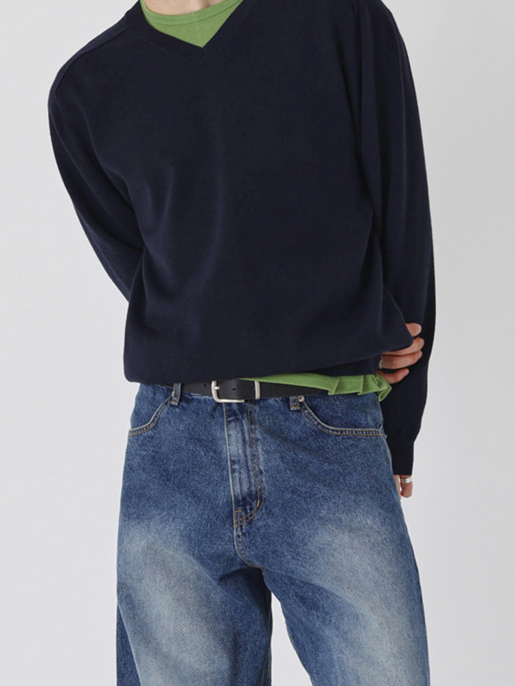 DAZY Autumn/Winter Navy Blue Solid V-Neck Ribbed Hem And Cuff Korean Style Men's Sweater - Navy Blue - View 2