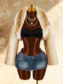Amplova Women's Animal Print Faux Fur Cropped Jacket - Apricot - View 10