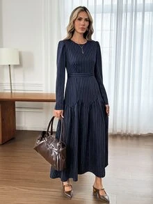 Easowa Women'sfall/Winter Dress Casual Commute Business Navy Blue Dress Winter Elegant Dress Work Office Business Outfits For Women - Blue and White - View 4