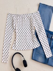 Teen Girl Polka Dot Print Off-Shoulder Long Sleeve Fashion T-Shirt - White - View 2