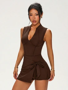 SHEIN Dewbera Women's Solid Color Casual Daily Travel Sports Dress - Brown - View 5