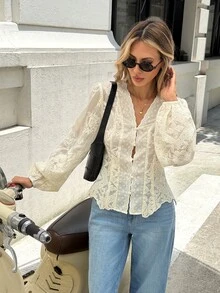 Serisse Women's Floral Embroidered Pattern Casual Daily Wear Blouse - Apricot - View 3