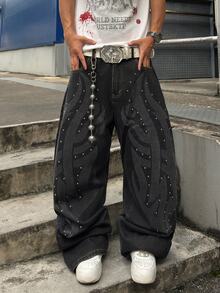 STEELVANCE Streetwear Retro Fashion Versatile Distressed Washed Contrast Rivet Laser Print Rhinestone Design Loose Straight Wide Leg Casual Denim Jeans (Belt And Accessories Not Included) - Black - View 5