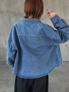 FRIFUL Women's Tie-Neck Casual Versatile Daily Denim Top - Blue - View 2