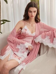 Moireta Women's Sweet Lace Patchwork Dress With Long Sleeve Cardigan Pajama Set - Dusty Pink - View 7
