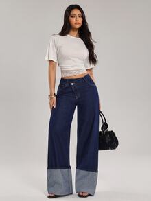 SHEIN Tall 女款時尚通勤不對稱腰線牛仔褲 - 深色水洗藍 - 查看 7