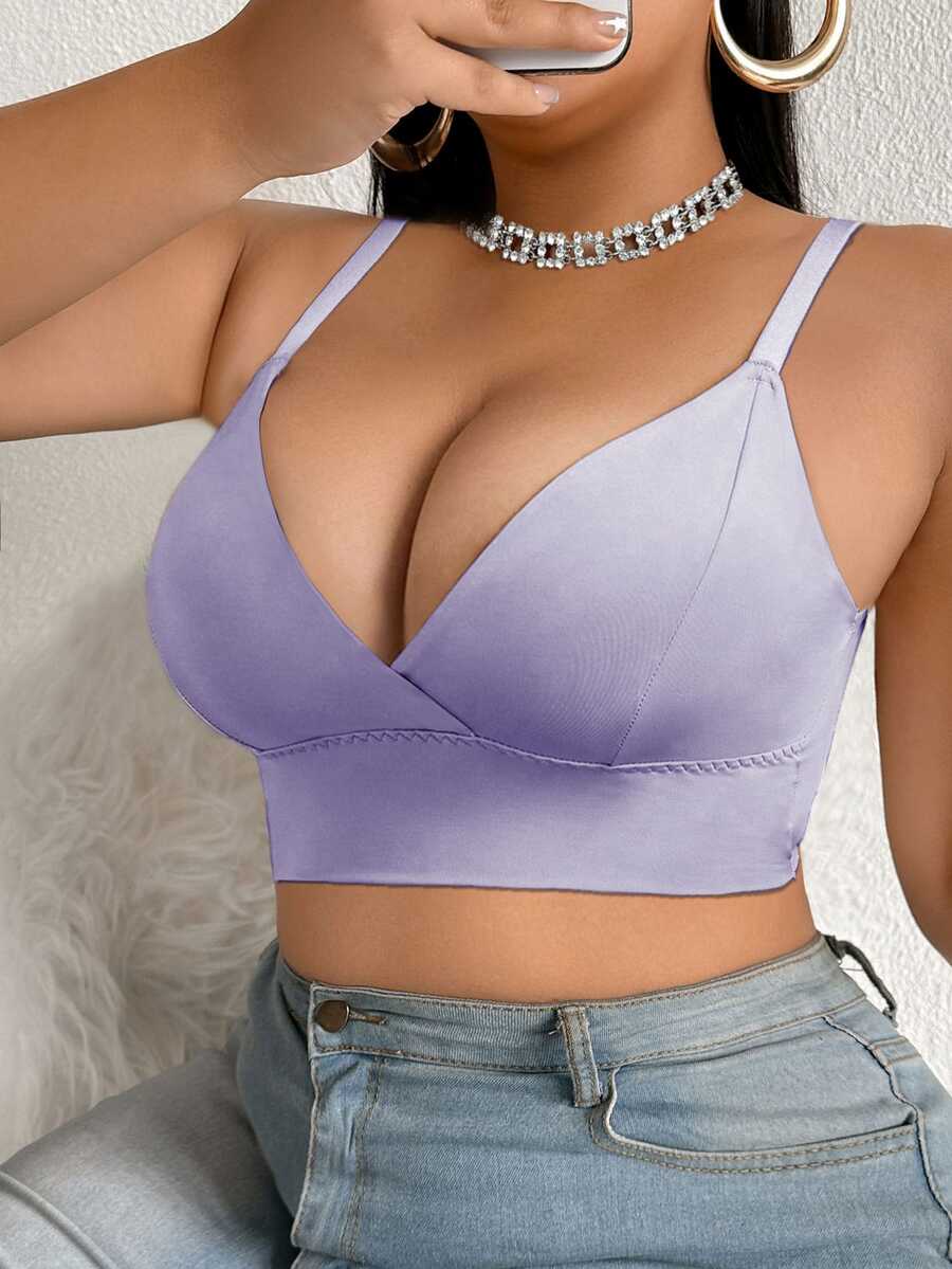 SHEIN Plus Size Women's Solid Color Casual Everyday Spaghetti Strap Bra - Purple - View 1