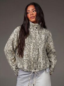 Athîral Denim 女款寬鬆版型灰色夾克，立領、前拉鍊、蛇紋印花，秋季亮眼街頭風，度假夜生活穿搭，女性電音派對造型 - 白色 - 查看 1