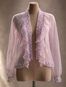 Viva Relle Plus Size Women's Beaded Rhinestone Decor Sheer Elegant Lace Casual Sexy Thin Jacket Fall Wedding Formal Party Pink - Mauve Purple - View 1