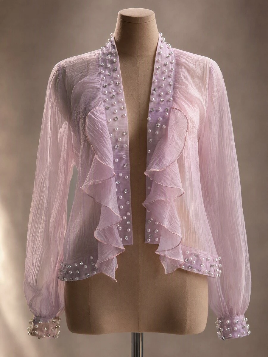 Viva Relle Plus Size Women's Beaded Rhinestone Decor Sheer Elegant Lace Casual Sexy Thin Jacket Fall Wedding Formal Party Pink - Mauve Purple - View 1