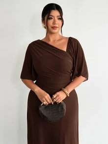 Firerie Plus Size Asymmetrical Neckline Pleated Dress - Brown - View 7