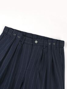 Manfinity Homme Men's Navy Blue Striped Long Pants, Loose Casual Versatile Design With Double Pleats, Wide Leg Trousers - Navy Blue - View 4