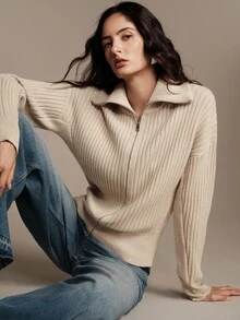 Anewsta Essential Cardigan de Tricô de Gola Alta Estilo Francês de Alta Qualidade para Mulheres - Caqui - Visão 3