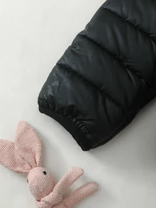 Elladie kids 1件少女色立領白色抓絨內裡拉鍊長袖外套，真實口袋，秋冬素色外套 - 黑色 - 查看 6