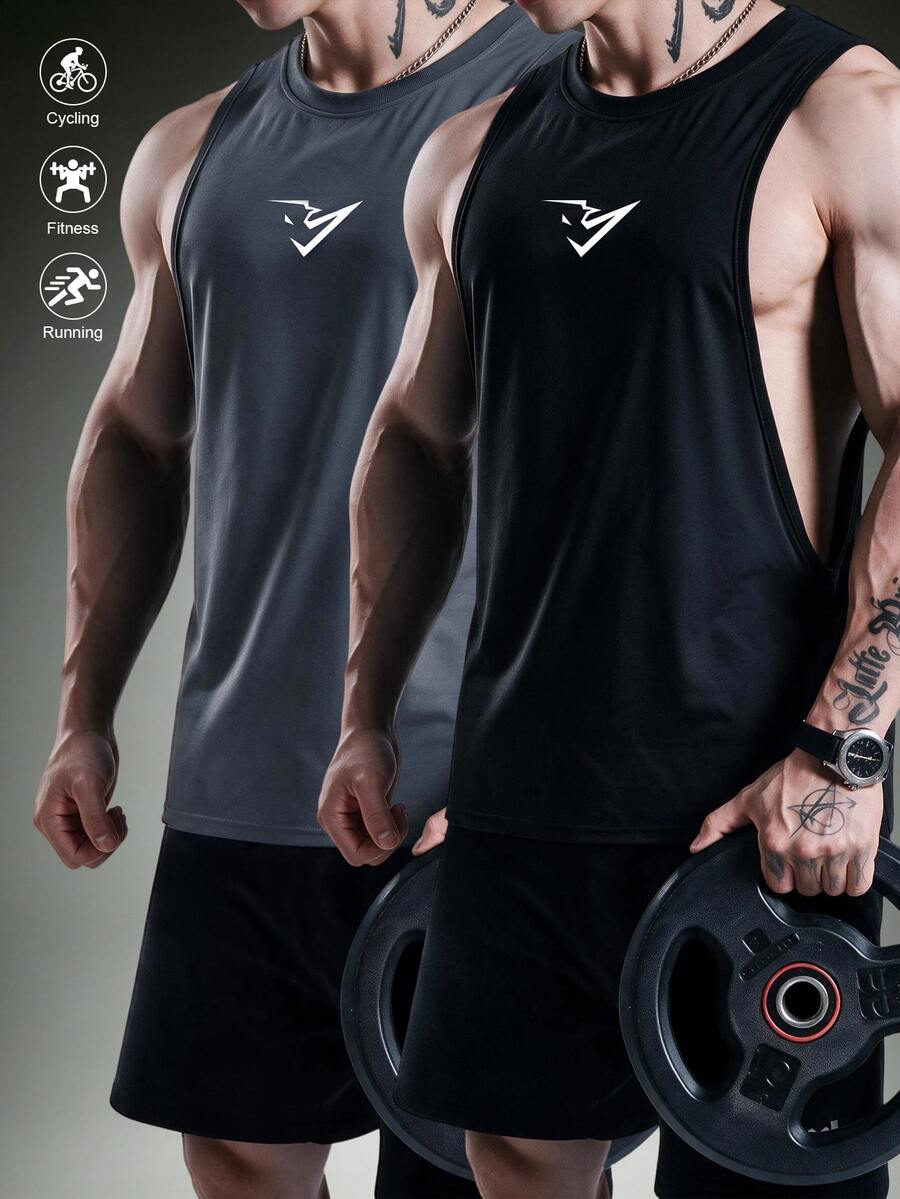 Gym Rark 男士啞鈴印花健身無袖背心 寬鬆運動訓練上衣 夏季籃球上衣 - 黑灰 - 查看 1