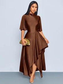 SOLERSUN Women's Summer Autumn Fashion Elegant Sage Green Draped Neck Long Dress With Ruffle Short Sleeves, Cinched Waist And Asymmetrical Ruffle Hem, Suitable For Daily Wear, Dating And Party - Coffee Brown - View 2