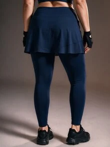 Powerista سروال رياضي نسائي مقاس كبير باللون الأزرق الداكن موحد اللون بخصر عالي مع تنورة مدمجة من قماش شبكي قابل للتنفس للجيم والتمارين الرياضية - أزرق بحري - مشاهدة 3