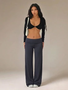 SHEIN PETITE 黑色高腰寬腿寬鬆休閒長褲 - 灰色 - 查看 4