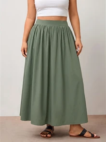 Enliva Plus Size Women's Army Green A-Line Skirt With Pocket Details, Elastic Waist, Suitable For Office Commute And Casual Outings Fall - Army Green - View 4