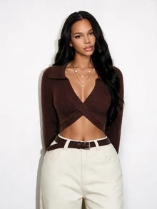BamGleam Atasan Crop Top Rajut Ribbed Slim Fit Lengan Panjang Berkerah Simpul Silang Warna Cokelat Vintage, Gaya Seksi, Pinggang Tinggi - Coklat - View 6