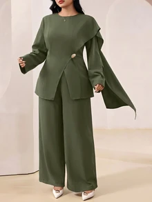 Veilorie 大尺碼優雅派對上衣與長褲兩件套 - 軍綠色 - 查看 8