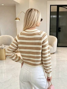 Autumina European And American Style Colorblock Striped Short Knit Cardigan For Women, Pearl Button V-Neck Puff Sleeve Soft Cozy Sweater Jacket, Autumn Casual - Multicolor - View 2