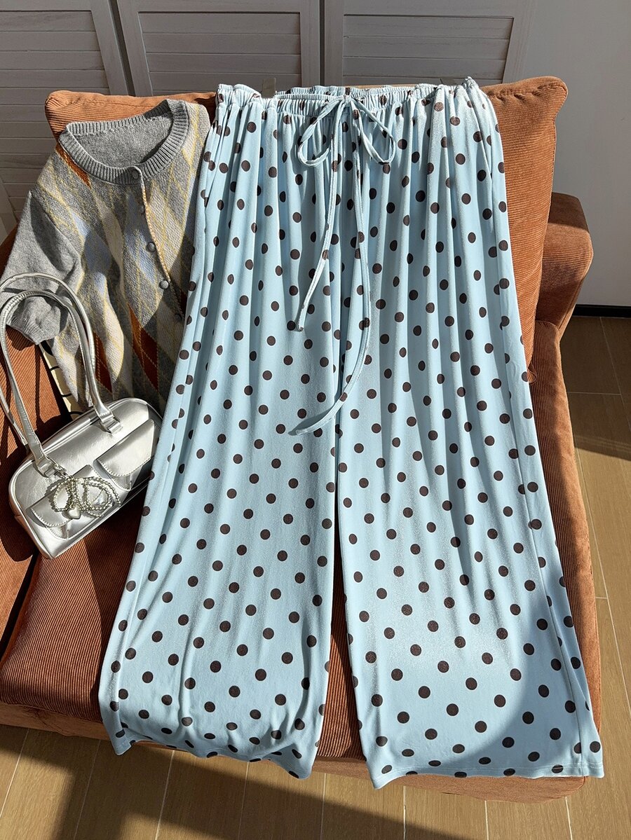 Comfortcana Plus Size Women Polka Dot Casual Versatile Wide Leg Pants For Daily Wear - Baby Blue - View 1