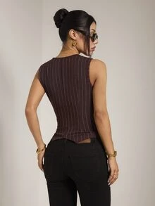 SHEIN PETITE Women's Petite Brown Striped V-Neck Sleeveless Lightweight Blazer - Brown - View 2