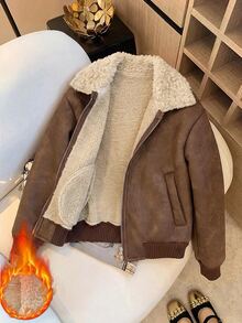 SHEIN Elladie kids Tween女孩黑色拉鍊翻領羅紋袖口街頭風酷感百搭機車PU皮革寬鬆夾克 秋冬穿搭 - 棕色 - 查看 4