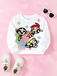THE POWERPUFF GIRLS X SHEIN 女嬰卡通圖案圓領休閒日常長袖衛衣 - 白色 - 查看 1